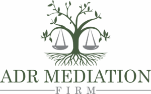 Logo for ADR Mediation Firm featuring a tree with scales of justice in olive green tones